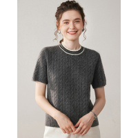 秋冬新款圆领拼色厚款麻花圆领纯色山羊绒衫女士针织衫五分袖毛衣