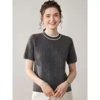 秋冬新款圆领拼色厚款麻花圆领纯色山羊绒衫女士针织衫五分袖毛衣