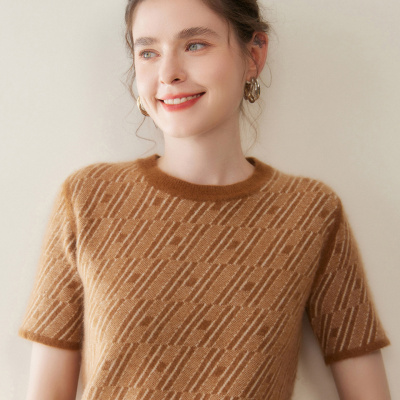 秋冬新款山羊绒衫女士圆领拼色半袖毛衣优雅风宽松显瘦斜纹打底衫