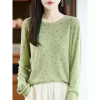 秋冬新款精纺羊毛别致碎花长袖针织衫女内搭打底衫宽松上衣服潮