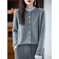 羊毛衫木耳边拼色圆领针织开衫女25秋冬新款长袖外套女秋毛衣开衫