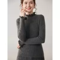 花边半高领纯色山羊绒修身显瘦气质百搭套头长袖针织打底衫毛衣