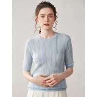 轻熟风高端短袖纯色山羊绒衫女复古扭花设计感镂空百搭针织毛衣