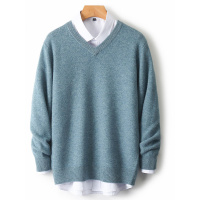 秋冬新款V领男士100羊毛衫休闲套头毛衣加厚七针织羊毛衫打底衫