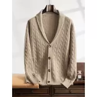 秋冬新款双股加厚羊绒衫男V领开衫复古纯色麻花针织毛衣外套