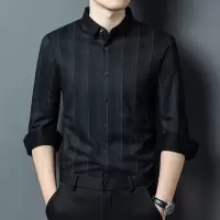 中年新款男士衬衫春秋时尚商务压胶翻领长袖条纹休闲