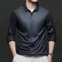 年新款秋季长袖男士时尚休闲商务衬衫男免烫竖条纹衬衫