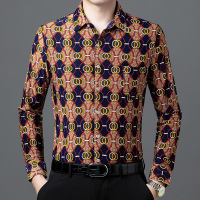 新款男士秋季印花长袖休闲衬衫免烫中年薄款宽松爸爸衬口袋