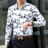 新款男士长袖碎花衬衫秋季水墨长袖衬衣男装翻领休闲衫