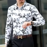 新款男士长袖碎花衬衫秋季水墨长袖衬衣男装翻领休闲衫