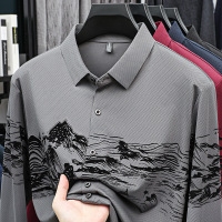 新款秋季男士长袖polo衫中年休闲印花宽松百搭体恤上衣