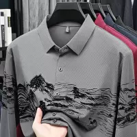 新款秋季男士长袖polo衫中年休闲印花宽松百搭体恤上衣