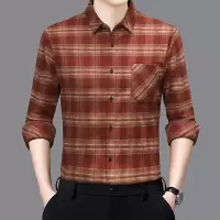 新款秋装磨毛格子带口袋男士长袖衬衫中年爸爸装时尚休闲上衣