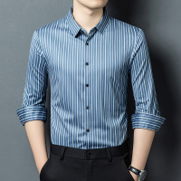 春秋商务休闲中青年男衬衣帅气宽松竖条纹男士长袖衬衫高级感