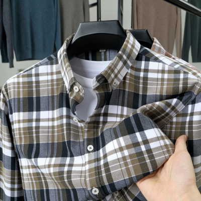 春秋季新款纯棉免烫衬衫男士长袖格子中青年商务休闲全棉衬衣