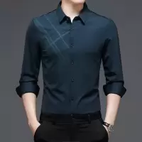 春秋款长袖衬衫男中年爸爸装合体衬衣休闲商务印花条纹衬衫