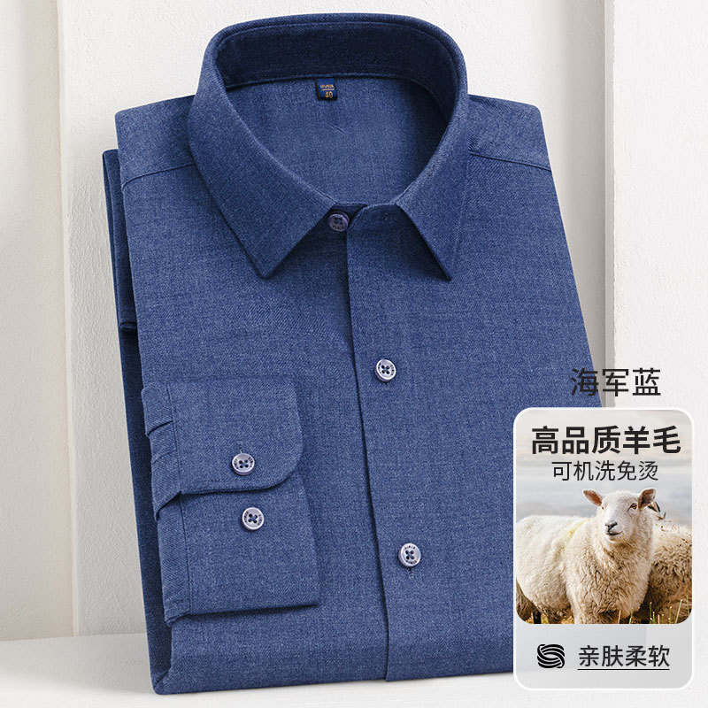 男式衬衫新款春秋款含绵羊毛衬衣青年轻熟商务休闲免烫长袖