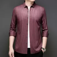 秋季新款休闲男士长袖衬衫中年商务男式条纹宽松衬衣