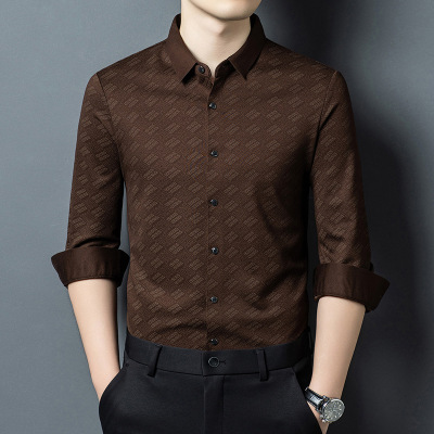 秋季新款印花男士长袖衬衫中年爸爸装开衫T恤男式衬衣休闲T恤男装