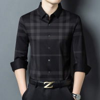 秋季新款男士格子长袖衬衫商务休闲免烫衬衣时尚男装