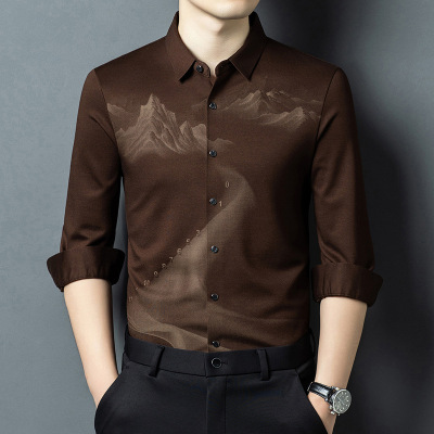 长袖衬衫男士中青年休闲宽松时尚花衬衣春秋季字母印花上衣男潮