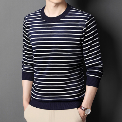 新款常规款男士针织打底条纹针织衫套头长袖圆领时尚都市