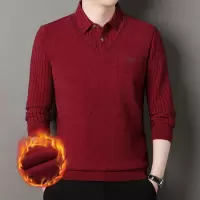 新款男士红假两件加绒加厚保暖冬季翻领中年爸爸男装