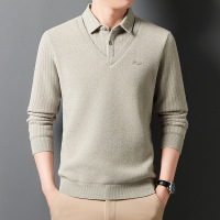 新款秋冬季男士宽松针织衫中青年翻领假两件加绒打底毛衣