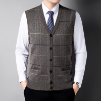 秋冬季新款开衫男士中老年爸爸休闲毛衣马甲v领无袖针织