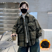 男童冬季加绒外套工装新款秋冬加厚保暖儿童格子衬衫一体绒潮