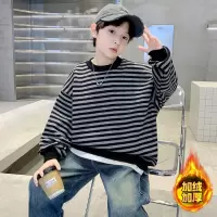 男童加绒卫衣秋冬款新款儿童毛线条纹上衣大童冬季加厚一体绒