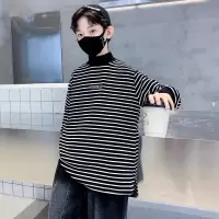 男童德绒条纹打底衫秋冬装新款大童保暖潮t儿童半高领长袖T恤
