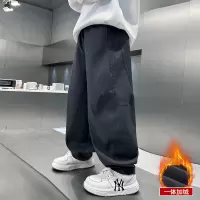 男童加绒休闲裤冬装新款中大童男孩初中生直筒宽松长裤一体绒