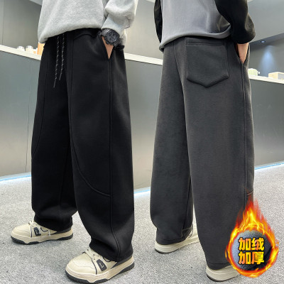 男童加绒裤子运动裤秋冬款初中生男孩卫裤大童冬季一体绒弯刀裤潮