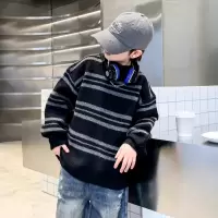 男童秋冬加厚条纹打底毛衣新款儿童男孩冬季酷帅针织衫上衣潮