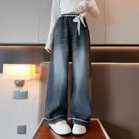 女童牛仔裤春秋款新款初中生大童好看直筒阔腿裤儿童裤子秋季