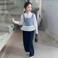 女童套装春秋新款中大童假两件拼接衬衫休闲牛仔裤两件套洋气