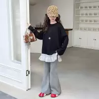 女童春秋长袖T恤套装儿童女孩洋气中长款蕾丝花边卫衣休闲喇叭裤