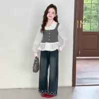 女童秋季套装新款女大童韩系假两件衬衫阔腿牛仔裤潮
