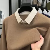 加厚男士毛衣假两件秋冬季新款翻领休闲打底针织衫男