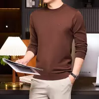 含莱赛尔16针毛衣男秋冬新款圆领休闲嵌花打底男士针织衫