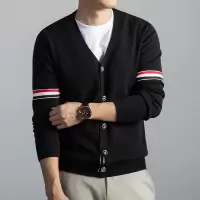 时尚羊毛男士针织开衫秋季新款V领双袖彩条男女外套男
