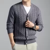 羊毛针织开衫男秋季新款时尚V领提花男士毛衣外套