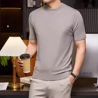 薄款圆领短袖毛衣男秋季新款中年休闲纯色打底男士针织衫