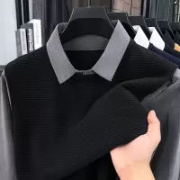 针织男士假两件秋季新款时尚拼接翻领撞色毛衣男针织衫