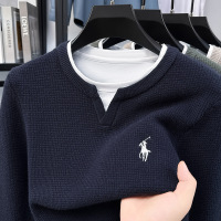 加厚针织假两件针织衫男秋冬新款时尚刺绣休闲保暖男士毛衣