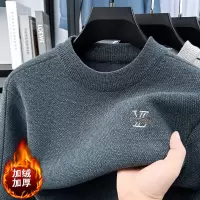 重磅绣花雪貂绒毛衣男秋冬季新款圆领加绒加厚保暖男士针织衫