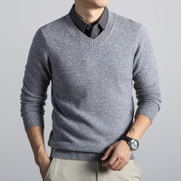 加厚400g纯羊毛假两件毛衣男秋冬季新款翻领打底羊毛衫男