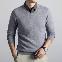 加厚400g纯羊毛假两件毛衣男秋冬季新款翻领打底羊毛衫男