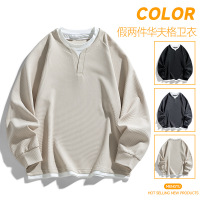 卫衣男春秋拼接休闲假两件华夫格潮牌撞色百搭宽松长袖上衣打底衫